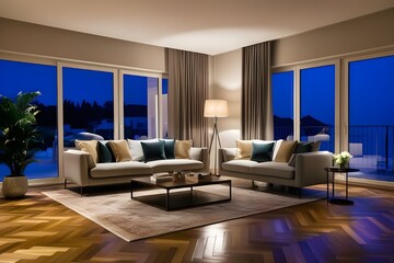 Luxury Living Room At Night With Sofa, Floor Lamp And Parquet Floor.