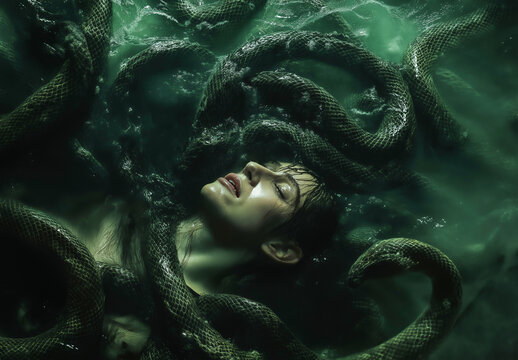 A woman, wrapped in dark green snakes, smiles eerily at the bottom of an ocean.
