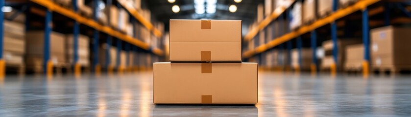 Stacked cardboard boxes in a warehouse, showcasing inventory storage and organizational efficiency in a modern shipping environment.