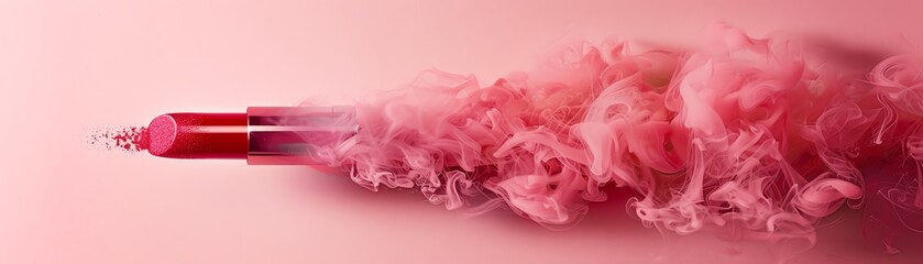 Fototapeta premium Red lipstick with pink smoke effect, pastel pink background, dynamic and stylish, side view