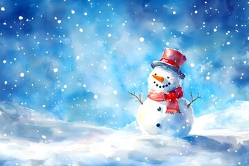 Fototapeta premium Jolly Snowman in Impressionistic Watercolor Surrounded by Falling Snow