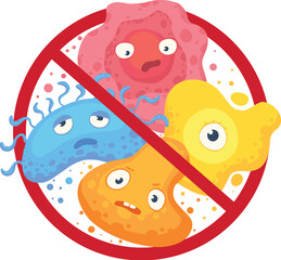 Bacteria in prohibition sign. Comic crossed out microbes and viruses, bacterial protection and disinfection caution icon cartoon vector illustration icon. Stop infection, epidemic and flu prohibition
