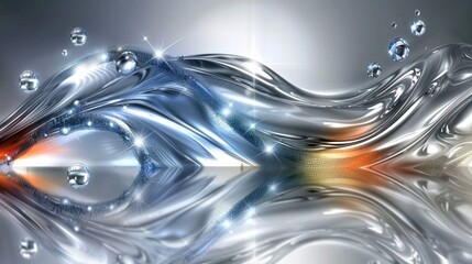A fluid, abstract design featuring shimmering waves and bubbles, evoking a sense of motion.