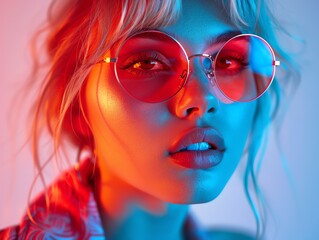 Obraz premium Stylish woman with blonde hair and round sunglasses, illuminated by colorful neon lighting in vibrant colors.