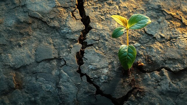 resilient plant sprouting through cracked pavement urban nature triumph hope symbolism microlandscape detail concrete jungle contrast lifes persistence visualization