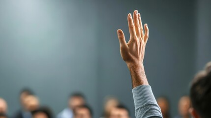 Group of diverse professionals in an open forum discussion, hands raised, speakers addressing the crowd, interactive session, corporate setting