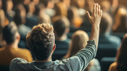 Group of diverse professionals in an open forum discussion, hands raised, speakers addressing the crowd, interactive session, corporate setting