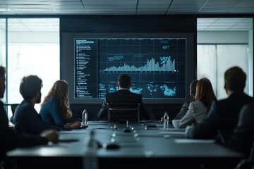 Group of executives at a seminar focused on innovation, engaged in dynamic discussion, modern conference room, large screens with digital charts