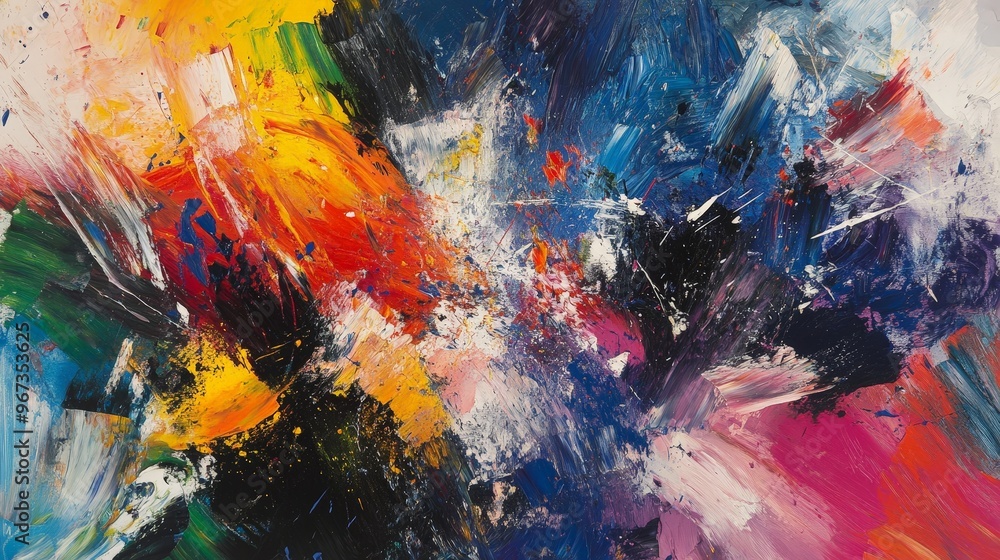 Poster imagine a dynamic abstract composition with energetic brushstrokes and splattered paint.