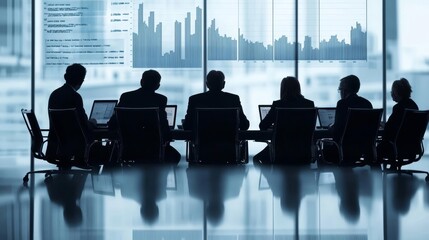 Business leaders in a seminar roundtable meeting, debating market trends, formal attire, laptops and charts visible, sleek and modern office design