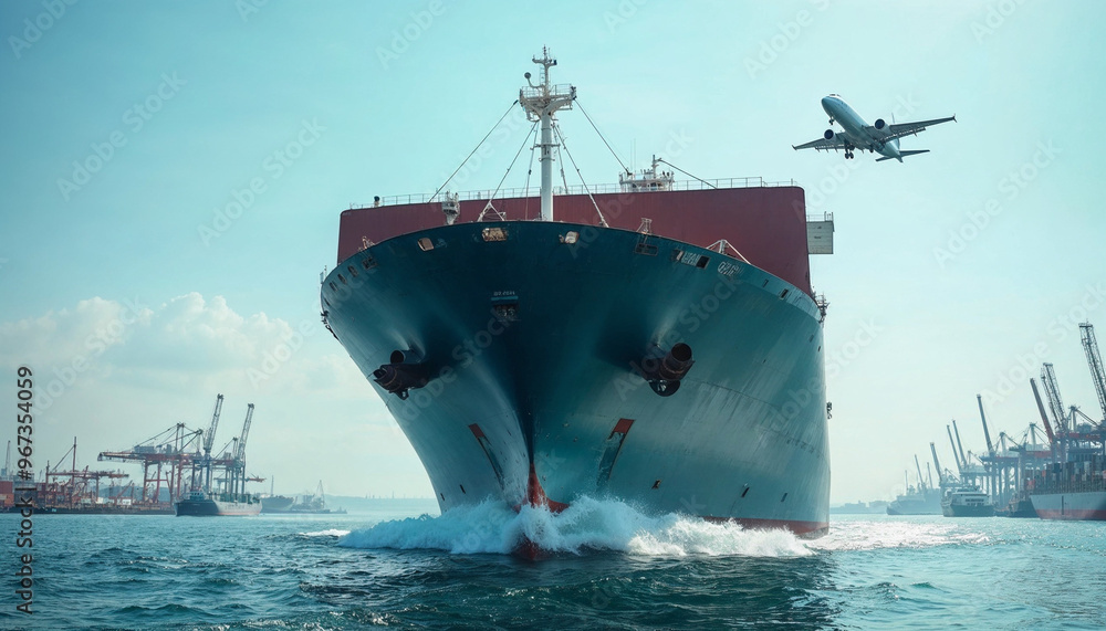 Wall mural close-up of a cargo ship entering a busy port with a cargo plane soaring above