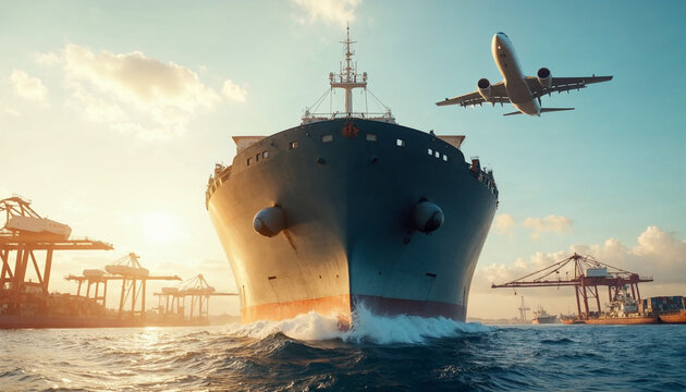Close-up of a cargo ship entering a busy port with a cargo plane soaring above
