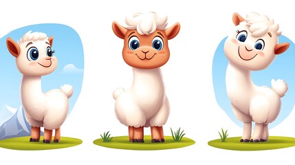 Fototapeta premium A charming set of cartoon alpacas in playful and quirky poses, great for South American and mountain-themed illustrations. 