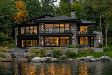 Obraz premium Modern lakeside home with large windows and landscaped garden.