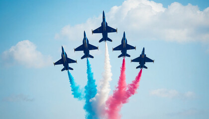 Four blue jets perform a precision maneuver in clear skies, leaving red, white, and blue smoke trails.







