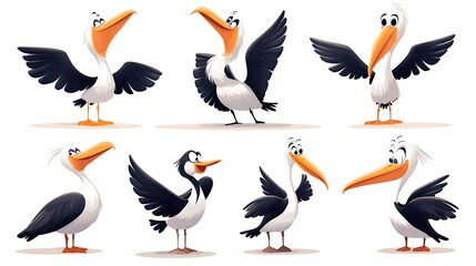 A cheerful assortment of cartoon pelicans in flying and diving poses, perfect for ocean and coastal-themed illustrations. 