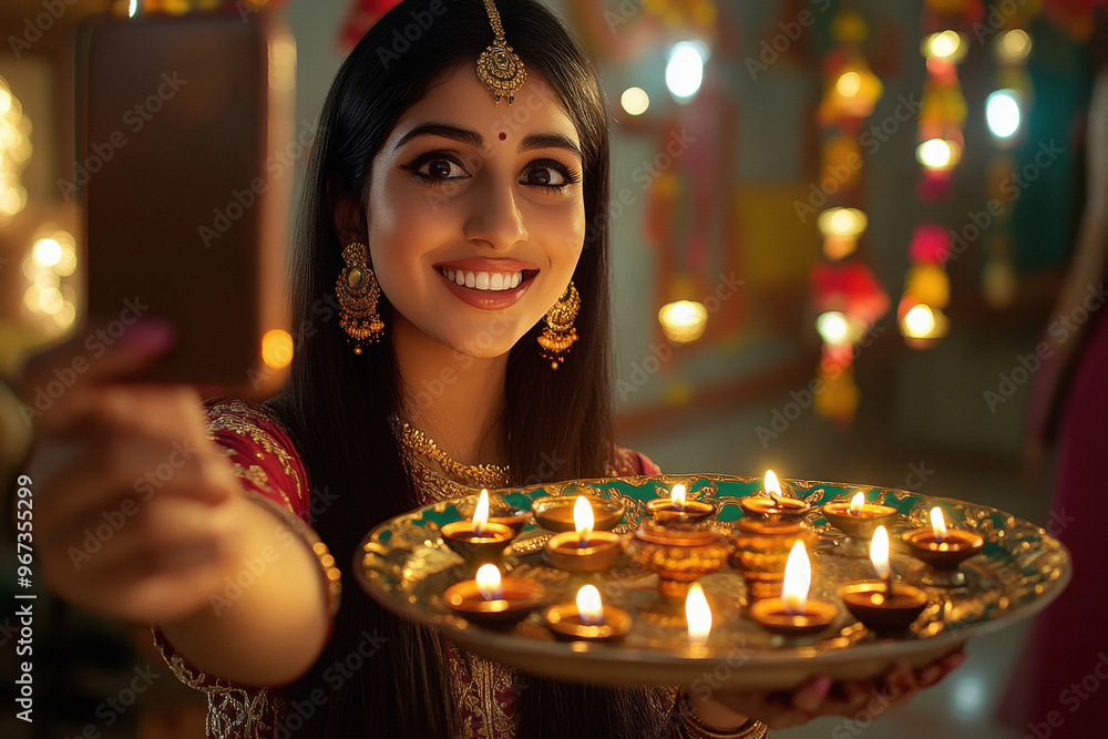 Sticker young indian woman holding oil lamp in the plate