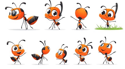 Fototapeta premium A cheerful collection of cartoon ants in marching and teamwork poses, ideal for garden and insect-themed illustrations. 