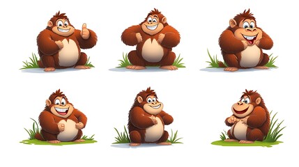 A cheerful collection of cartoon gorillas in dynamic chest-beating and sitting poses, ideal for jungle and zoo-themed illustrations. 