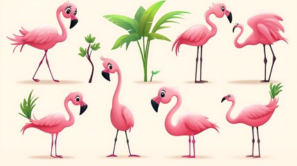 Naklejka premium A cheerful set of cartoon flamingos in elegant standing and flying poses, perfect for tropical and summer-themed designs. 