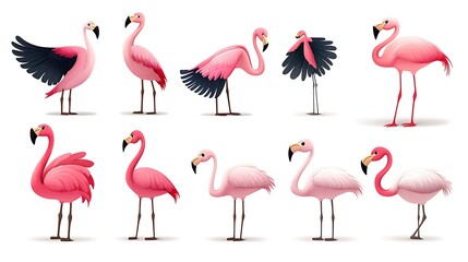 Fototapeta premium A cheerful set of cartoon flamingos in elegant standing and flying poses, perfect for tropical and summer-themed designs. 