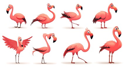 Obraz premium A cheerful set of cartoon flamingos in elegant standing and flying poses, perfect for tropical and summer-themed designs. 
