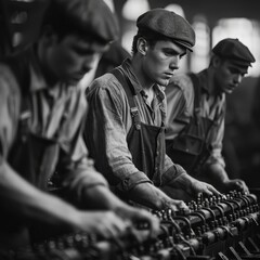 Black and white illustration of workers in flat caps and overalls assembling machinery in a gritty factory, capturing the labor-intensive tasks and harsh environment of the Industrial Revolution.

