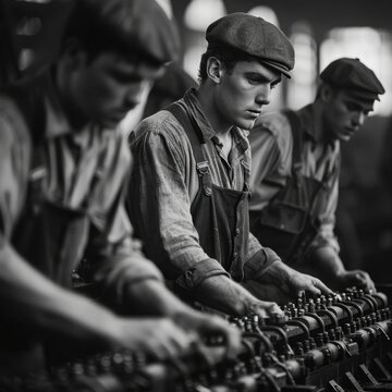 Black and white illustration of workers in flat caps and overalls assembling machinery in a gritty factory, capturing the labor-intensive tasks and harsh environment of the Industrial Revolution.

