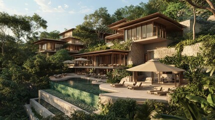 Imagine a luxurious resort with a blend of traditional and modern architecture.