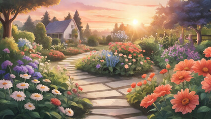 Obraz premium illustration of a flower garden in the morning