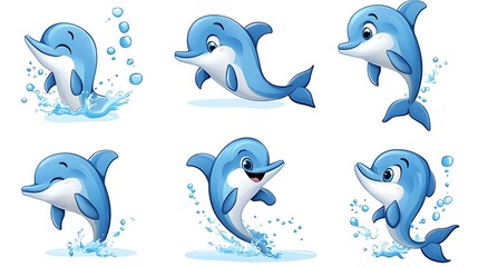 Fototapeta premium A cheerful variety of cartoon dolphins in playful jumping and swimming poses, ideal for ocean and aquatic-themed designs. 