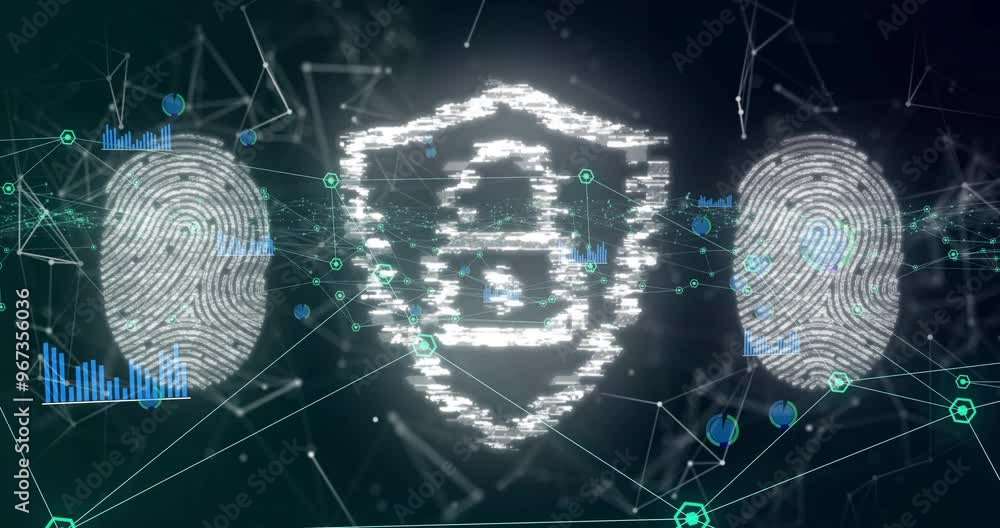 Poster animation of shield with padlock icon over network of connections on black background