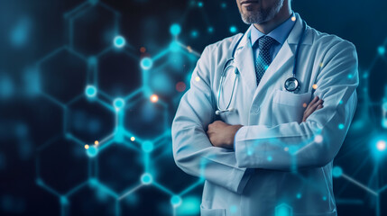 Obraz premium Male doctor in white coat with crossed arms standing against a digital hexagonal molecular background