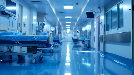 Obraz premium Empty hospital corridor with medical equipment and beds in a clean sterile environment