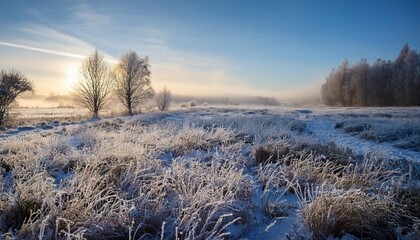 Winter morning with hoarfrost on a meadow.