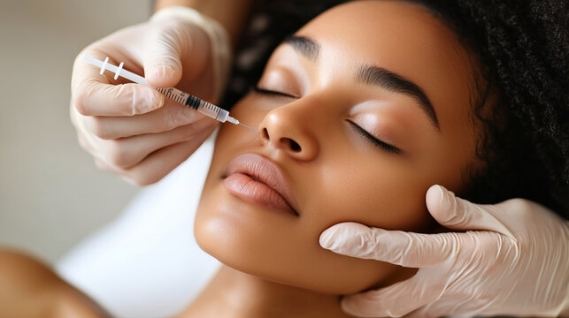 A beautiful Black woman, eyes closed, receives a Botox treatment in a beauty salon. Gloved hands hold a syringe.