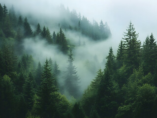 Serene Misty Evergreen Forest Scene with Dense Green Trees Nestled in Rolling Hills - Mystical Ethereal Landscape Capturing Vibrant Ecosystem and Soft Atmospheric Quality for Nature Lovers