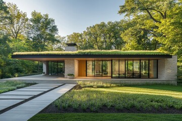 Modern house with green roof surrounded by trees and landscaping.