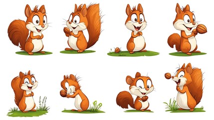 Obraz premium A collection of sweet cartoon squirrels in playful nut-gathering poses, ideal for woodland and nature illustrations. 