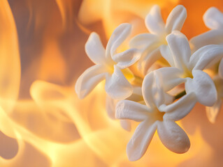 Obraz premium Delicate White Jasmine Flowers in Sharp Focus Against Vibrant Orange and Yellow Flames - Captivating Contrast of Soft Petals and Dynamic Fire Movement for Emotive and Dramatic Visual Impact