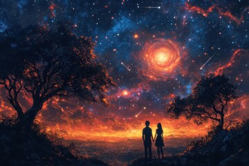 Fototapeta premium romantic silhouettes of couple on hilltop gazing at vibrant night sky filled with swirling galaxies shooting stars and a large luminous moon creating an atmosphere of awe and connection