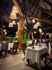 Dining in a traditional Malagasy restaurant with authentic local dishes and patterned lighting in...