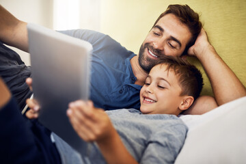 Smile, tablet and love with father and son for live streaming, subscription service and technology....