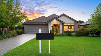 Modern house with a 'Sold' sign in front, showcasing beautiful landscaping and sunset sky. Concept of real estate and home sales