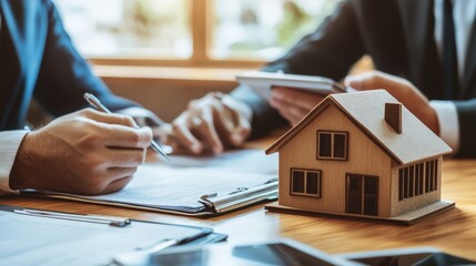 Imagine a real estate negotiation session between buyers and sellers. The setting includes a conference room with documents