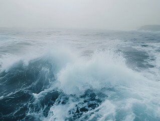 Fototapeta premium Stunning Dramatic Seascape with Turbulent Waves and Deep Blue Ocean, Ethereal Misty Atmosphere, Foamy Whitecaps Crashing Against Dark Waters, Hazy Horizon Blending Sky and Sea in Powerful Nature Scene