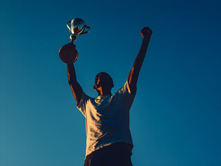 Silhouetted Young Person Triumphantly Raising Trophy Against Vibrant Blue Sky in Warm Sunlight, Celebrating Victory and Joyful Achievement, Profile View Highlighting Contours and Contrast