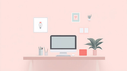 Minimalist illustration workspace with a desktop computer.
