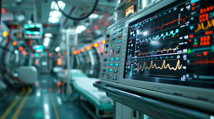 Naklejka premium Medical monitor displaying vital signs in a busy hospital intensive care unit