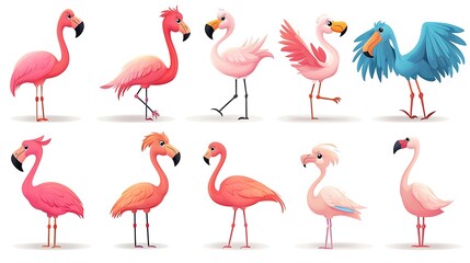 Obraz premium A colorful set of cartoon flamingos in elegant standing and flying poses, ideal for tropical and summer-themed illustrations. 